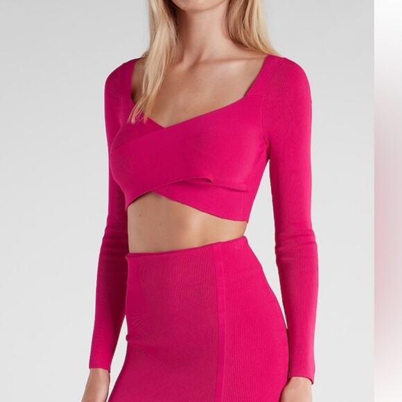 Express Hot Pink Body Contour Wrap Front Cropped Sweater size XL - Picture 1 of 16